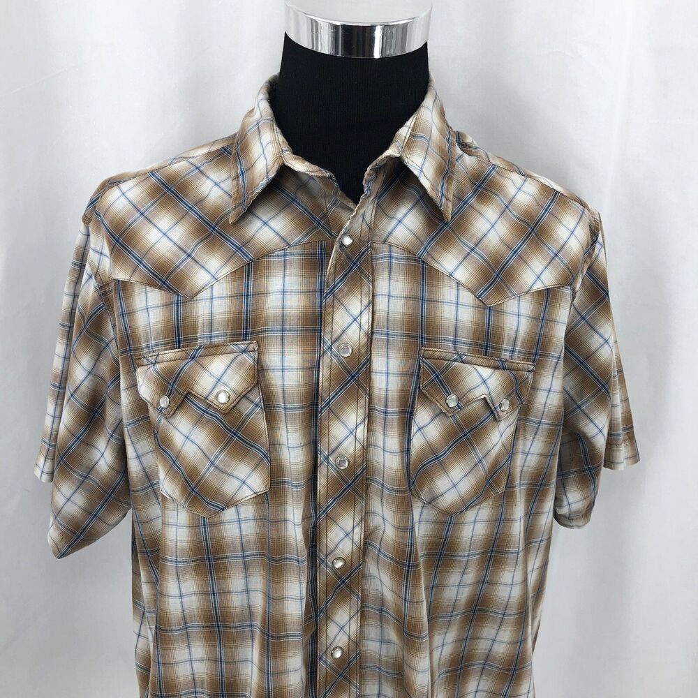 Wrangler Western Fashions Pearl Snap Shirt Brown Plaid Short Sleeve WM907BR XXL
